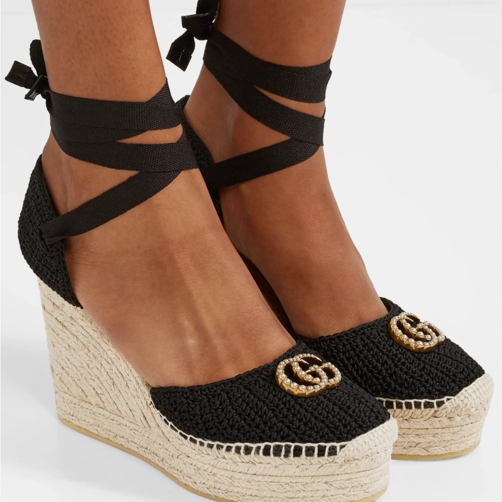 Gucci Lilibeth Logo Elegant Black Wedge Espadrilles